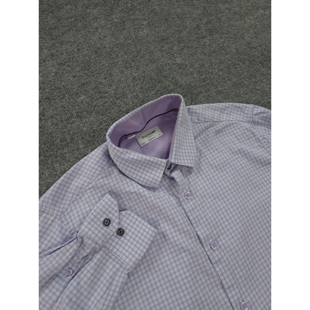 Duchamp Shirt Mens 15.5 34/35 Purple Gingham Tailored Fit Stretch Dress Business